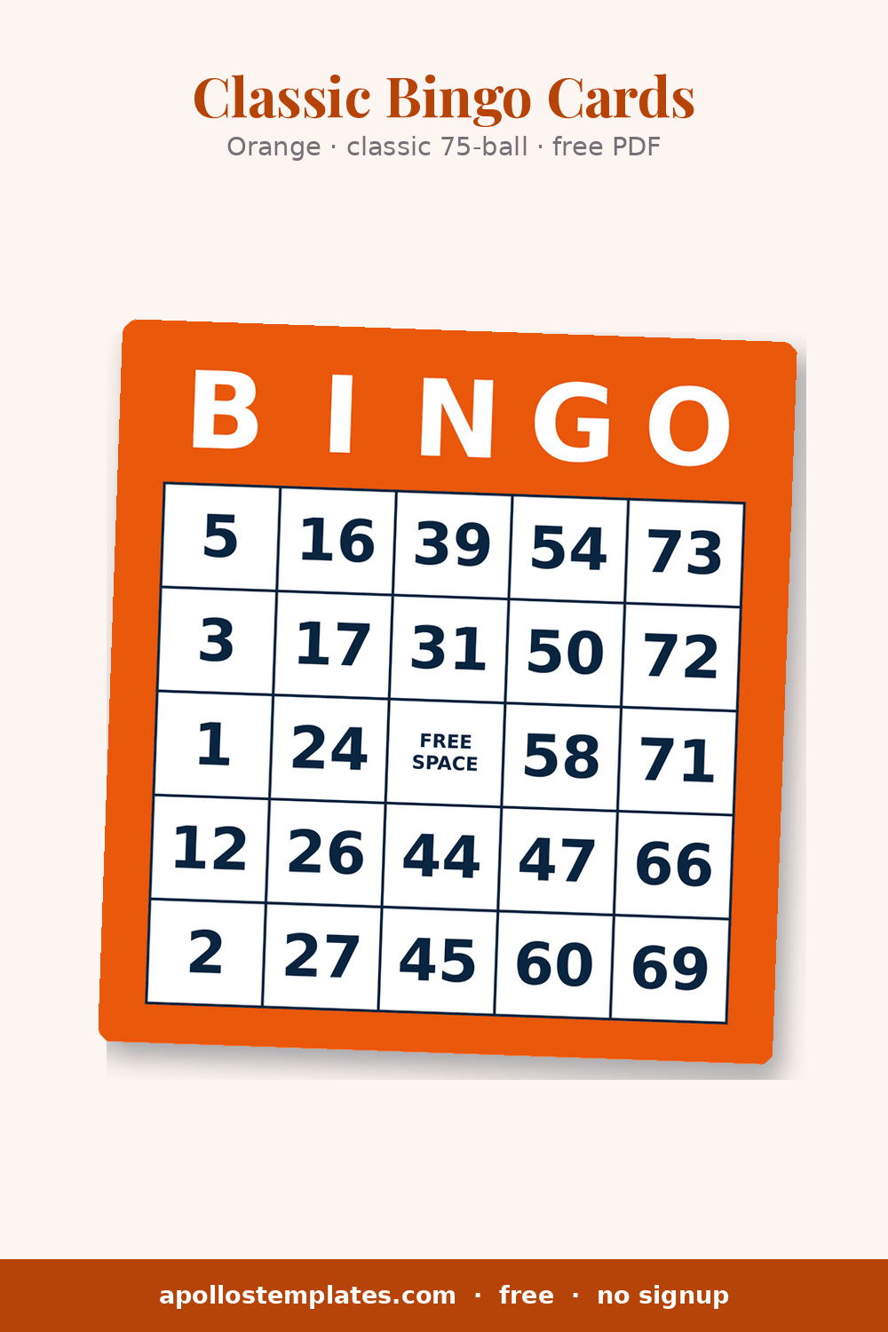 Bright-orange bingo card frame with white header letters and a white number grid, FREE SPACE in the middle