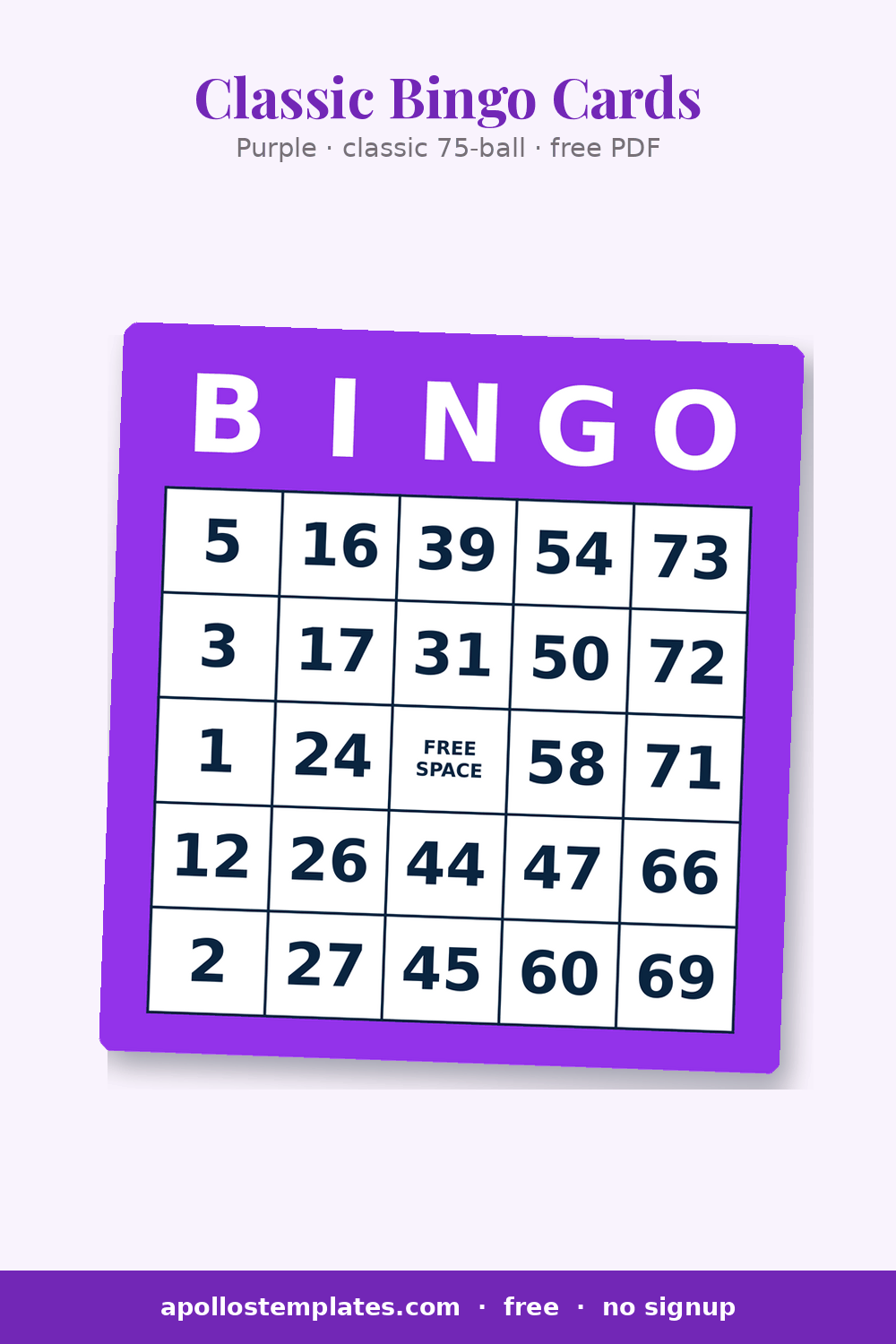 Purple bingo card with white header letters and five columns of random numbers, FREE SPACE in the middle