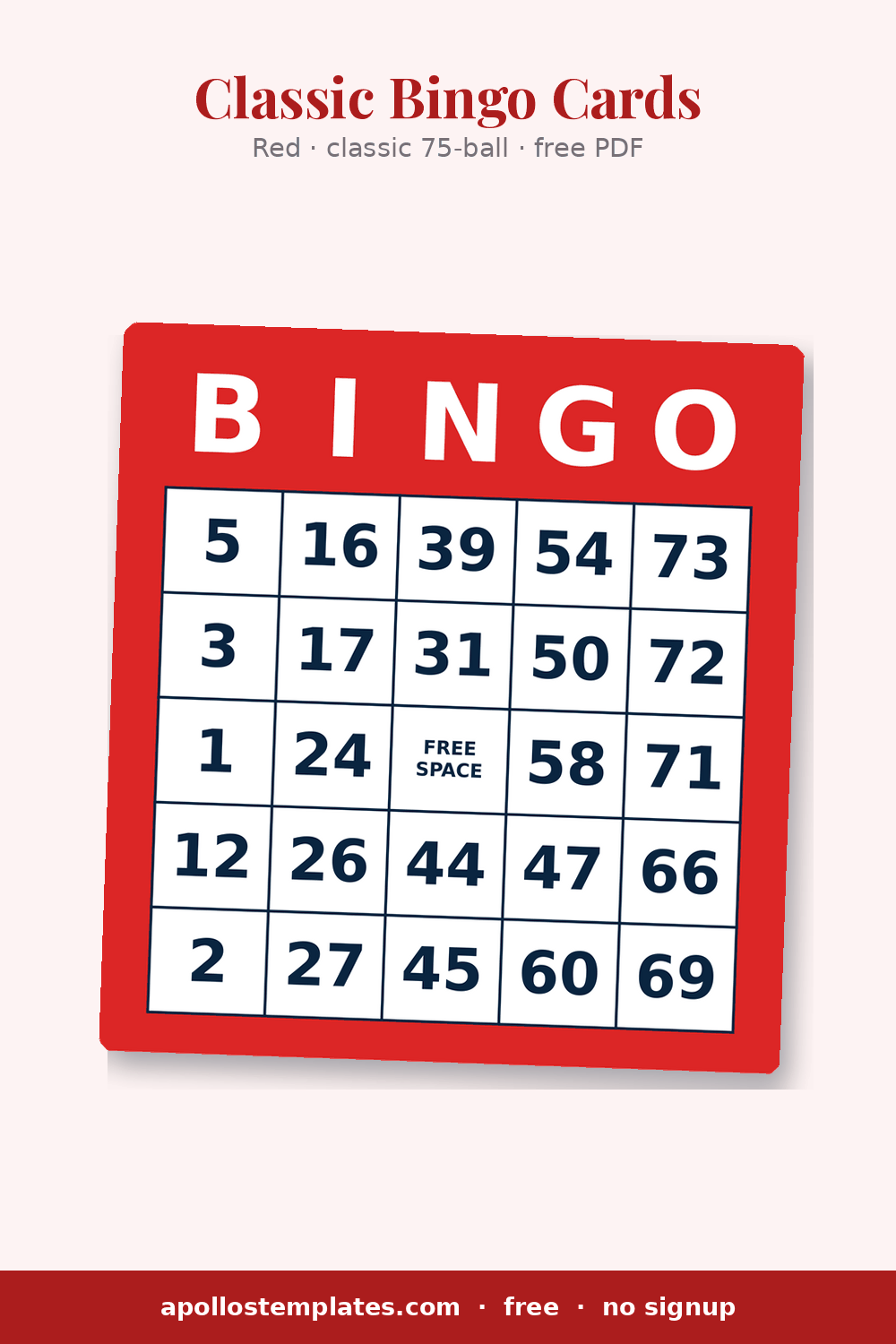 Warm-red bingo card frame around a white 5x5 grid of random 1-75 numbers with a FREE SPACE center