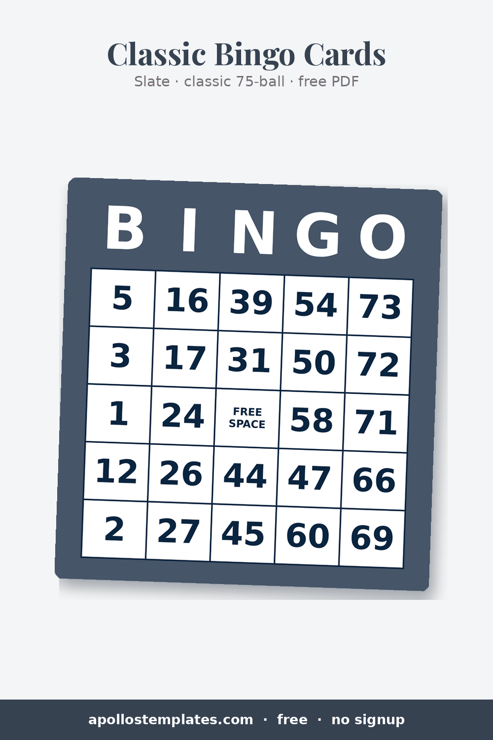 Slate-gray bingo card frame with white header letters and random numbers, a softer neutral than black