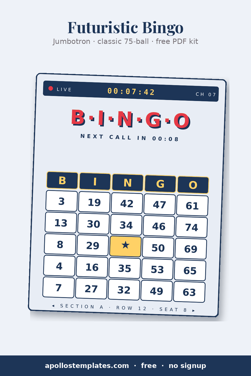 Jumbotron bingo card styled as a dark stadium scoreboard with a LIVE timer, red B-I-N-G-O letters, a NEXT CALL IN countdown and a gold star FREE cell