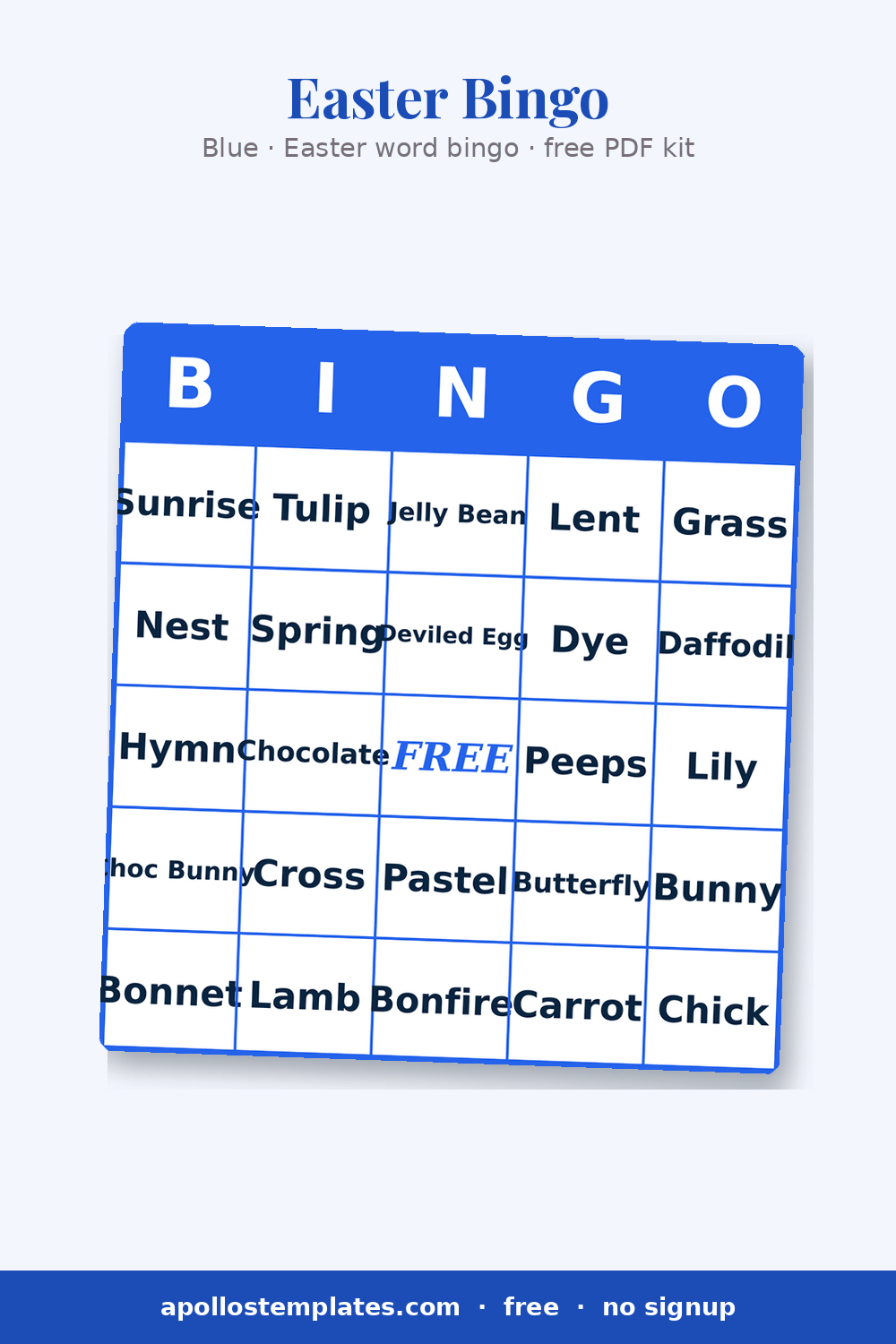 Blue-framed Easter word bingo card with 24 Easter terms and a FREE center cell
