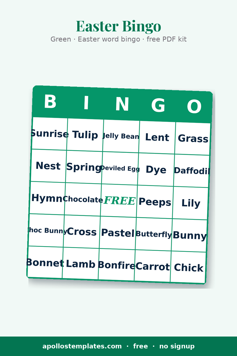 Green-framed Easter bingo card filled with spring words like Sunrise, Nest, Daffodil and Chick, FREE in the center
