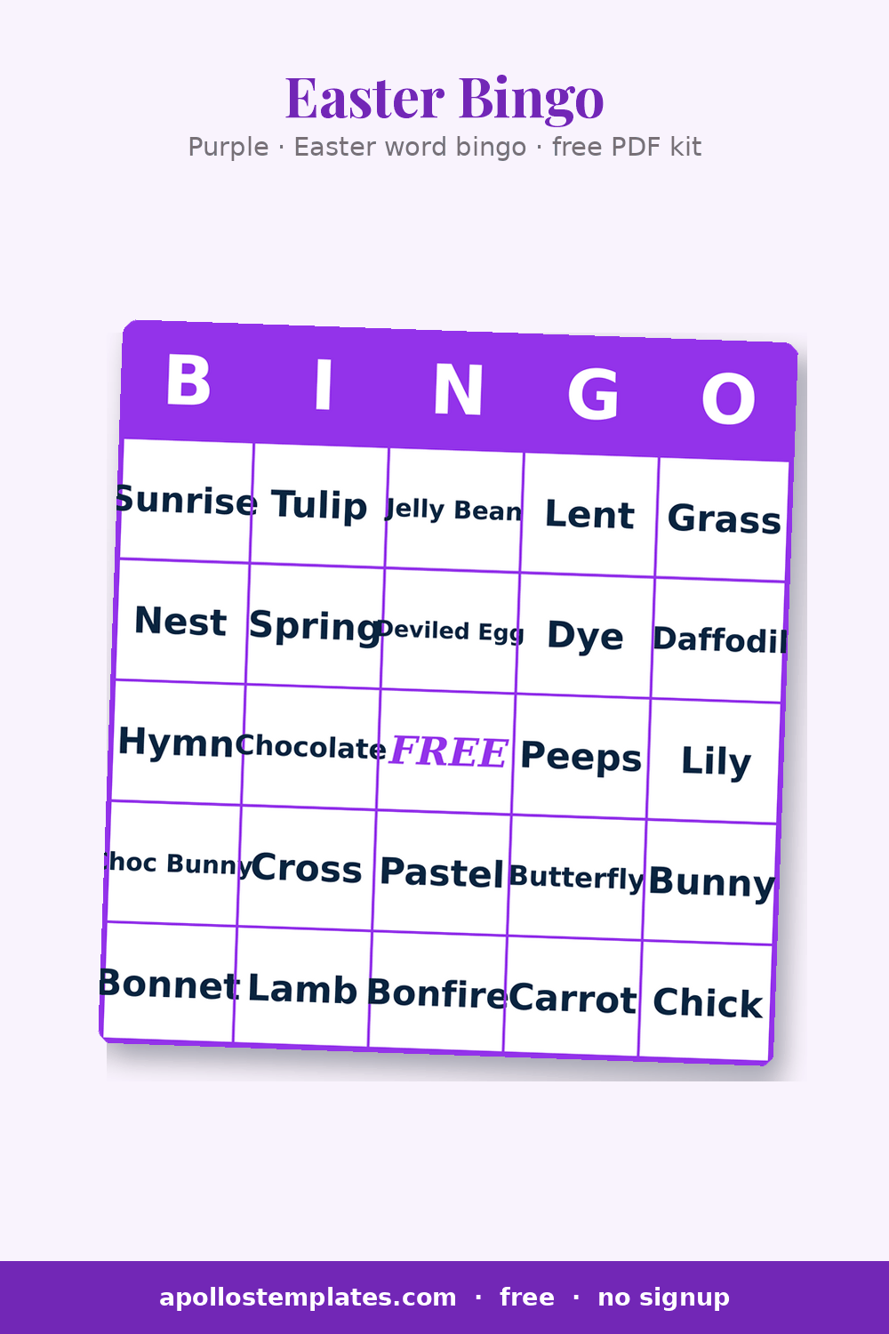 Purple-framed Easter word bingo card with cells such as Tulip, Jelly Bean and Bunny
