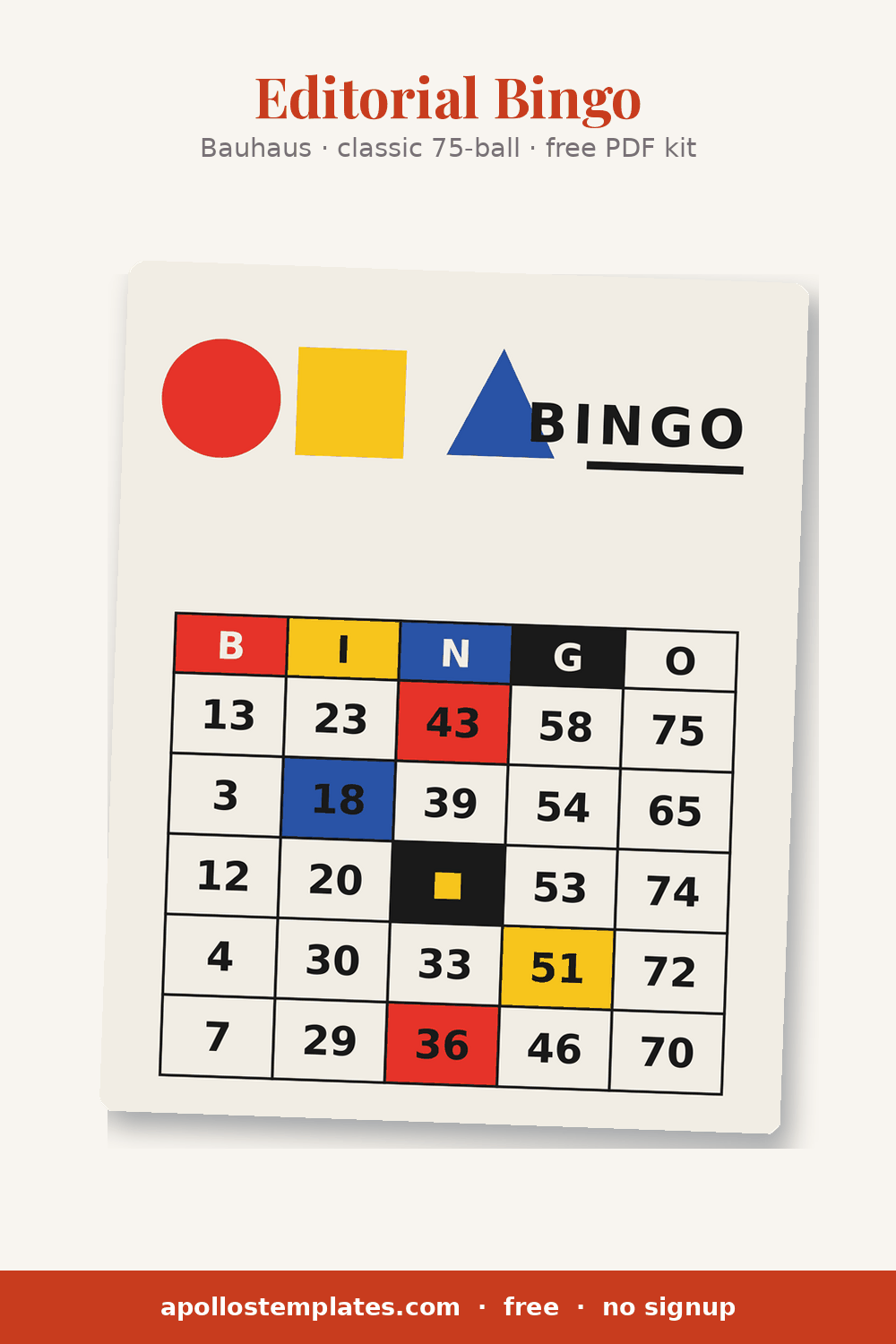 Bauhaus bingo card in off-white with a red circle, yellow square and blue triangle above primary-color header cells and a yellow FREE square