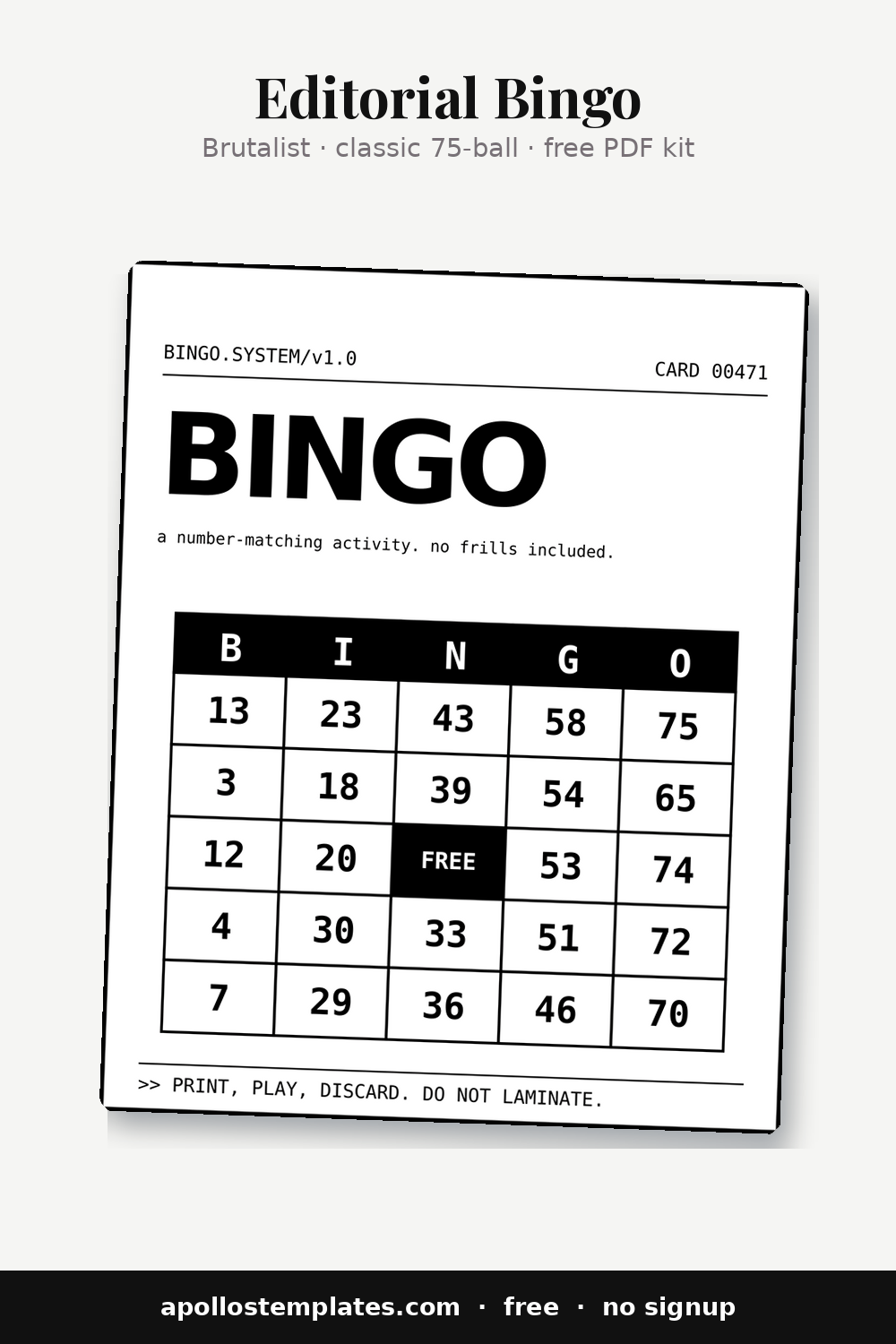 Brutalist bingo card, white with a heavy black border and monospace system header
