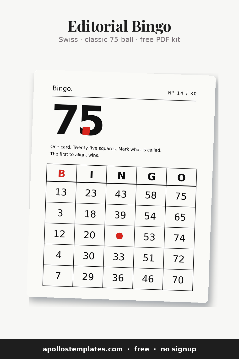 Swiss bingo card on cream with a massive 75 and red period, hairline grid rules and a small red dot FREE cell