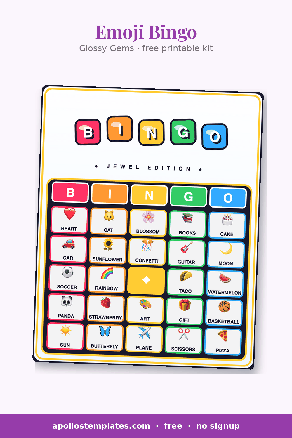 Glossy Gems emoji bingo card with faceted gem letters and picture-plus-word cells