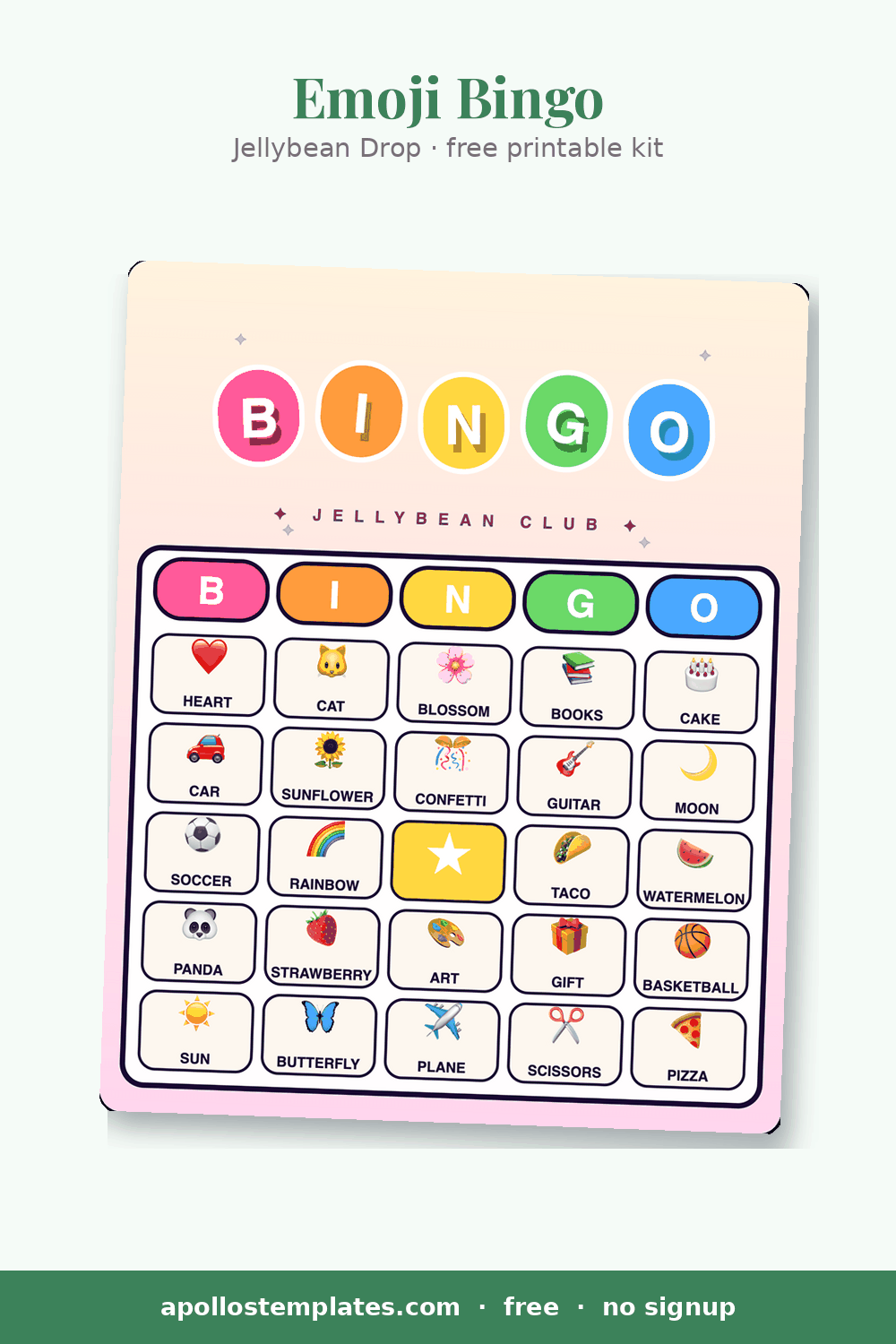 Jellybean Drop emoji bingo card on a cream-pink gradient with stacked jelly-bean letters and emoji cells like car, sunflower, taco