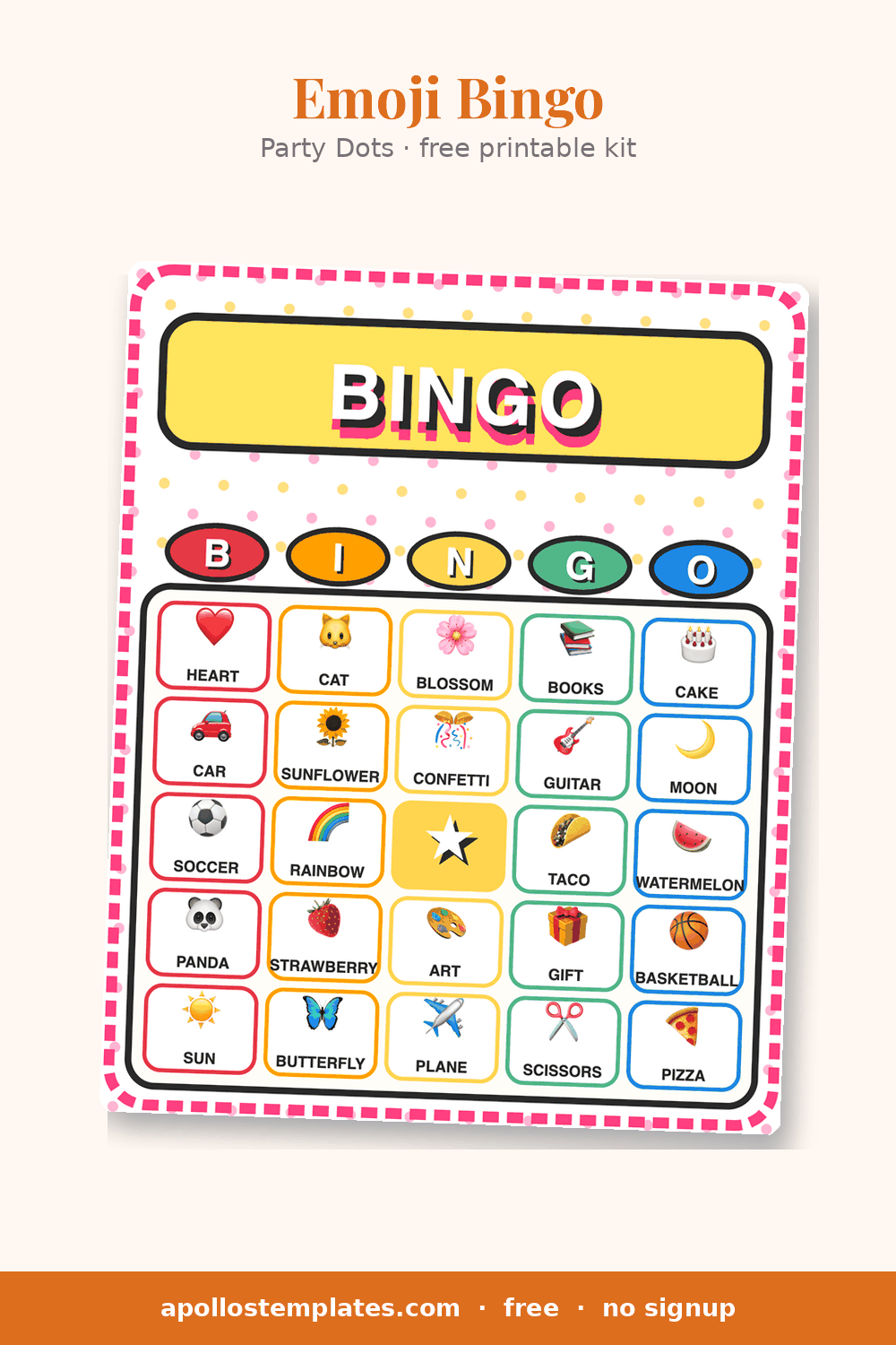 Party Dots emoji bingo card with a polka-dot background, hot-pink dashed frame and a yellow pill BINGO banner over emoji cells
