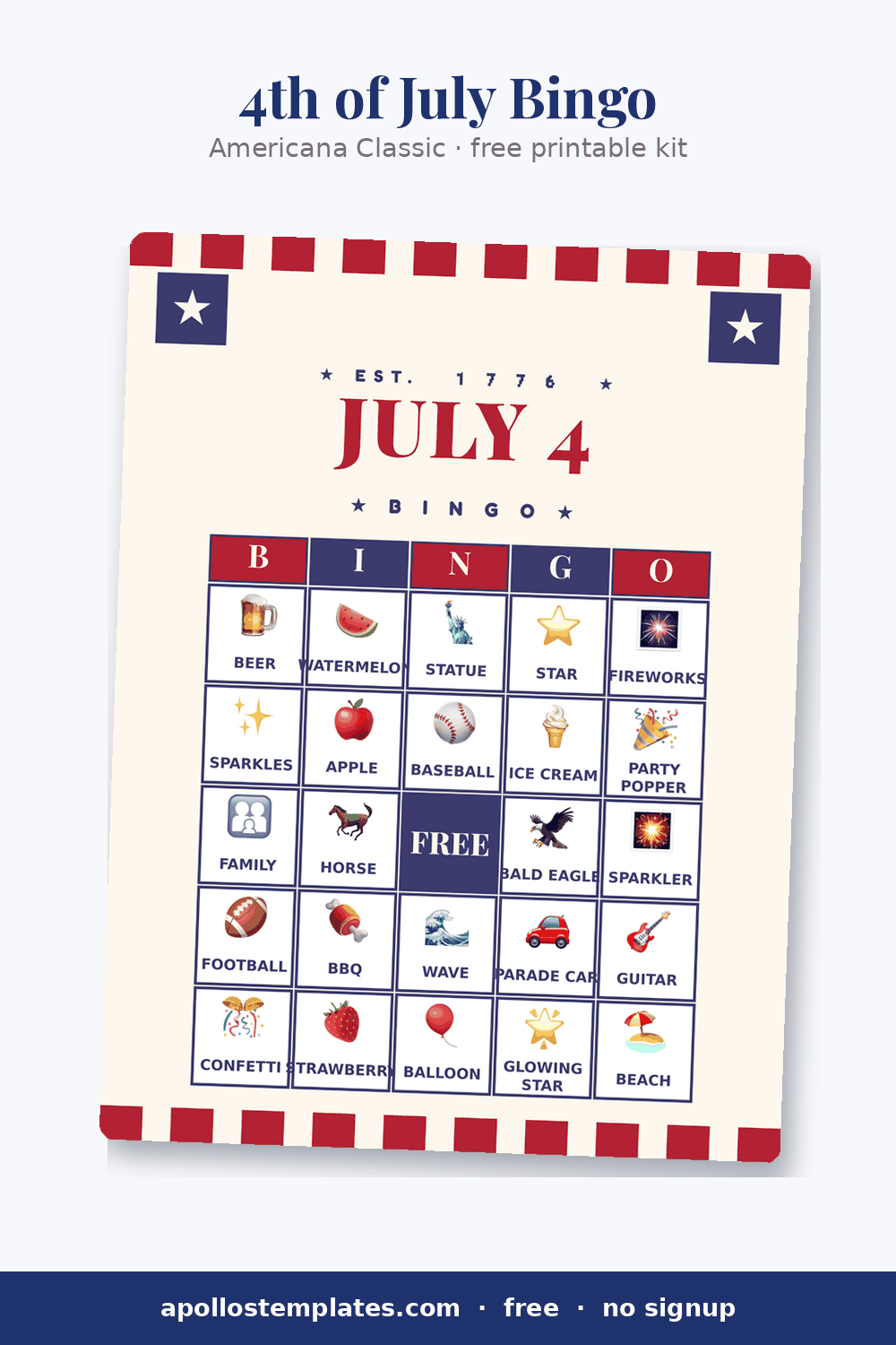 Americana Classic 4th of July bingo card with red stripe bands and navy star boxes