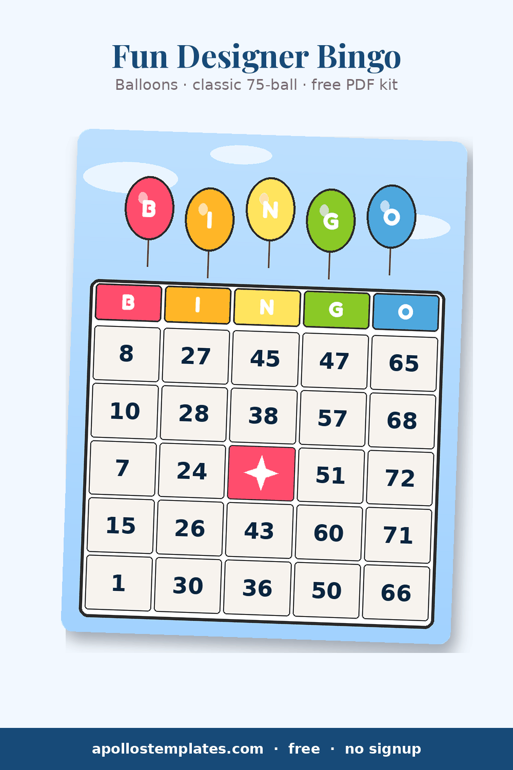 Balloons bingo card in sky blue with five colored balloons spelling BINGO above a number grid and a pink star FREE cell
