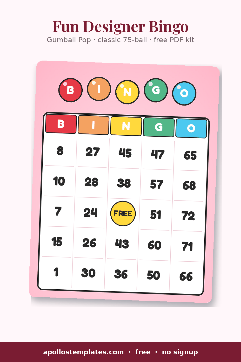 Gumball Pop bingo card, pink with bubble-letter BINGO in five colors