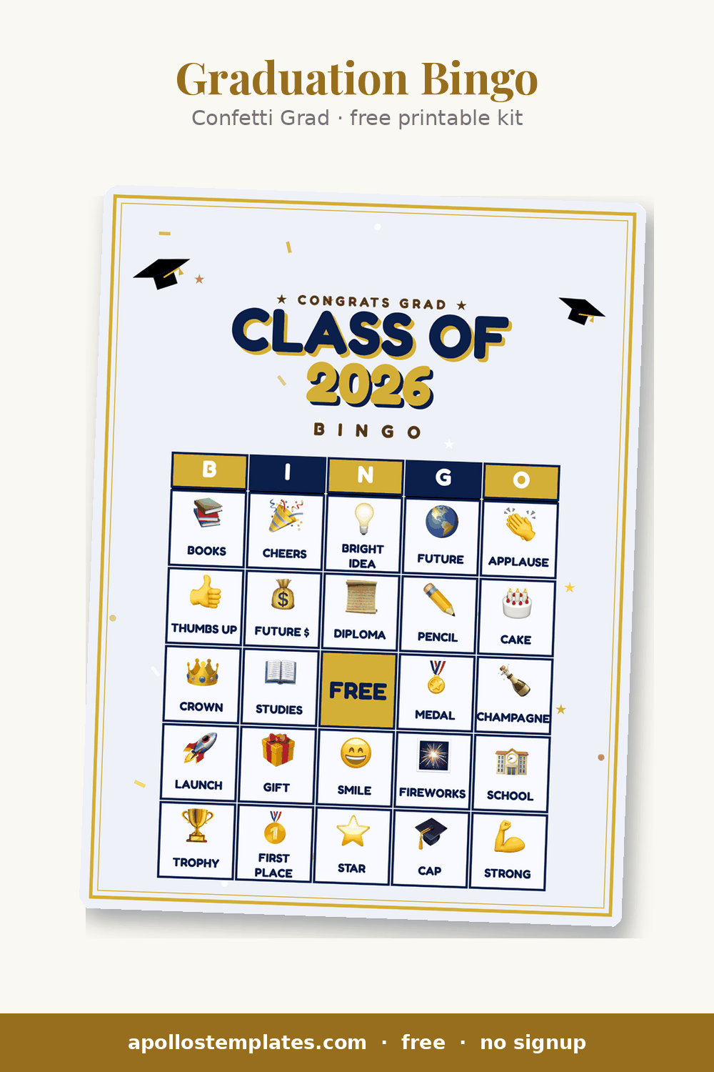 Confetti Grad graduation bingo card in pale blue and gold with confetti, flying caps and a CLASS OF title showing the current year