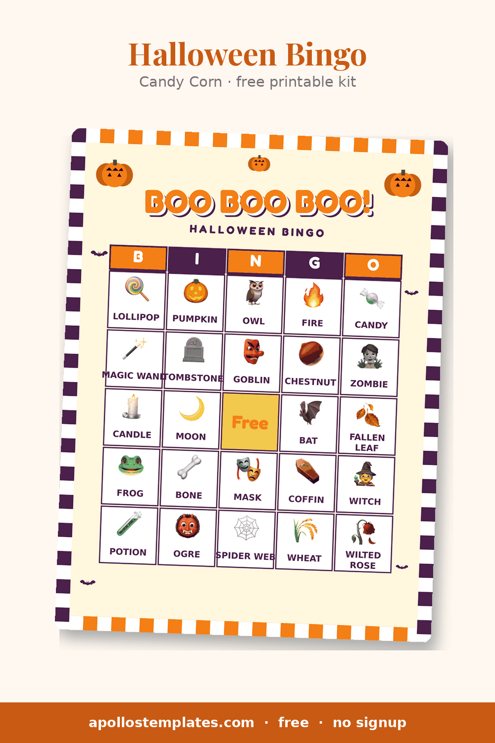 Candy Corn Halloween bingo card with an orange-and-purple checkered border, a BOO BOO BOO! bubble title and pumpkin illustrations