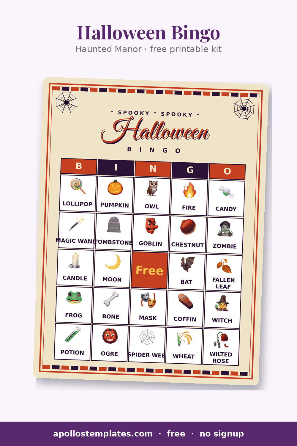 Haunted Manor Halloween bingo card with a cobweb-plaid frame and pumpkin, owl and bat cells