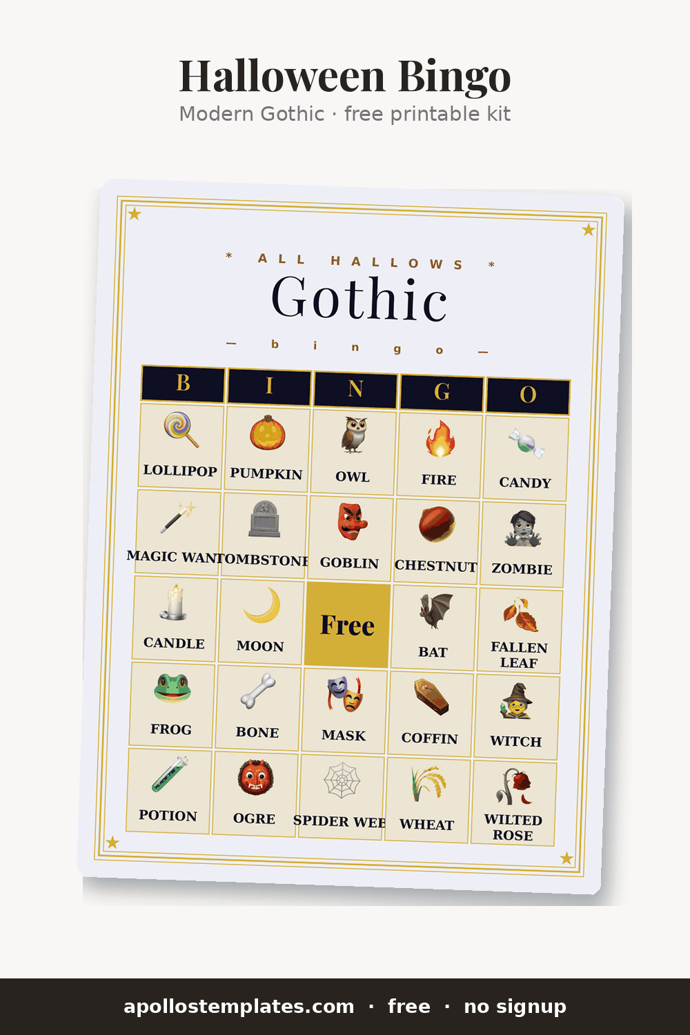 Modern Gothic Halloween bingo card in midnight black and gold with a serif All Hallows Gothic title above emoji picture cells