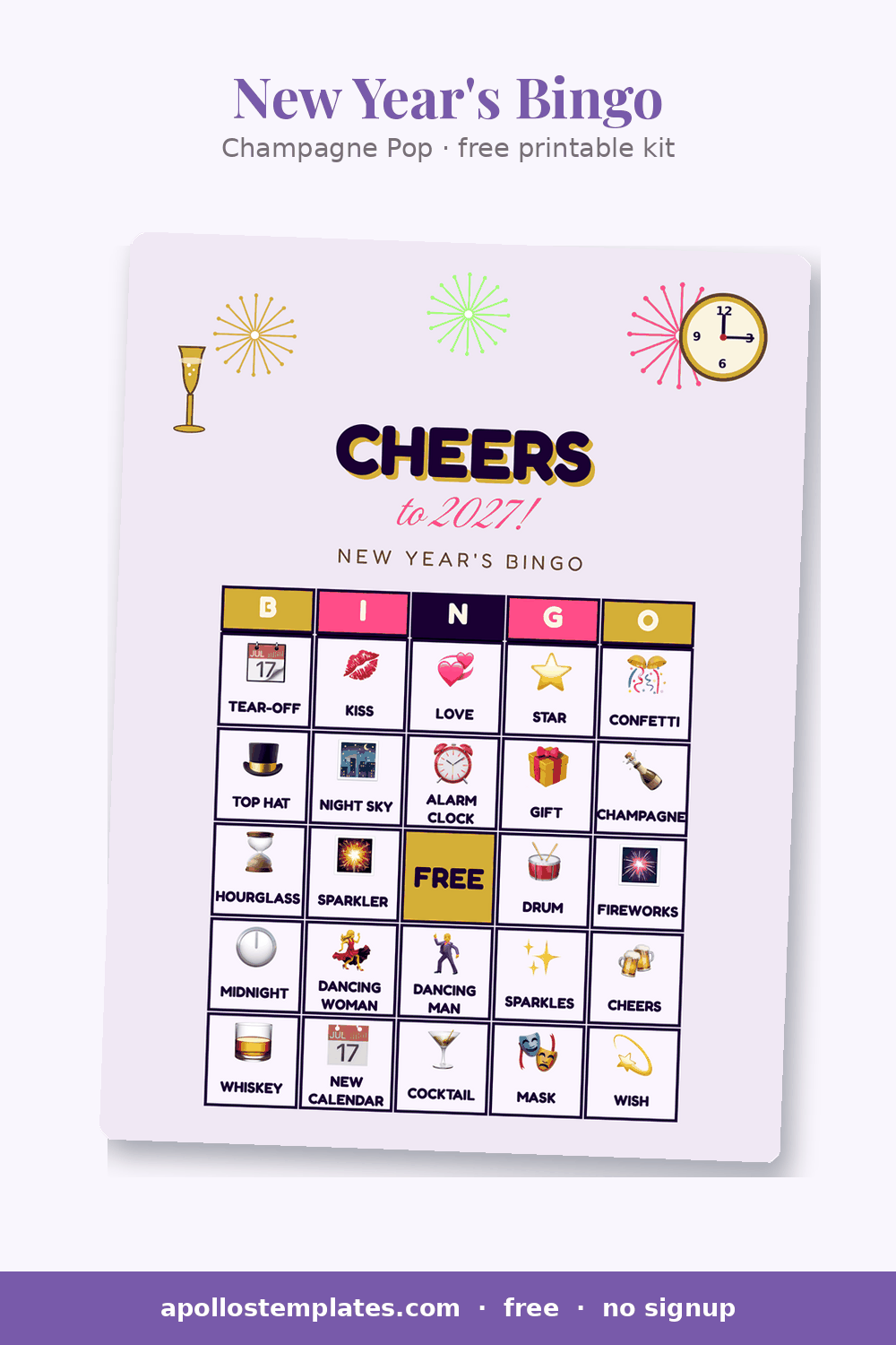 Champagne Pop New Year's bingo card in lavender with firework bursts, a clock and bottle illustration and a CHEERS to the new year title