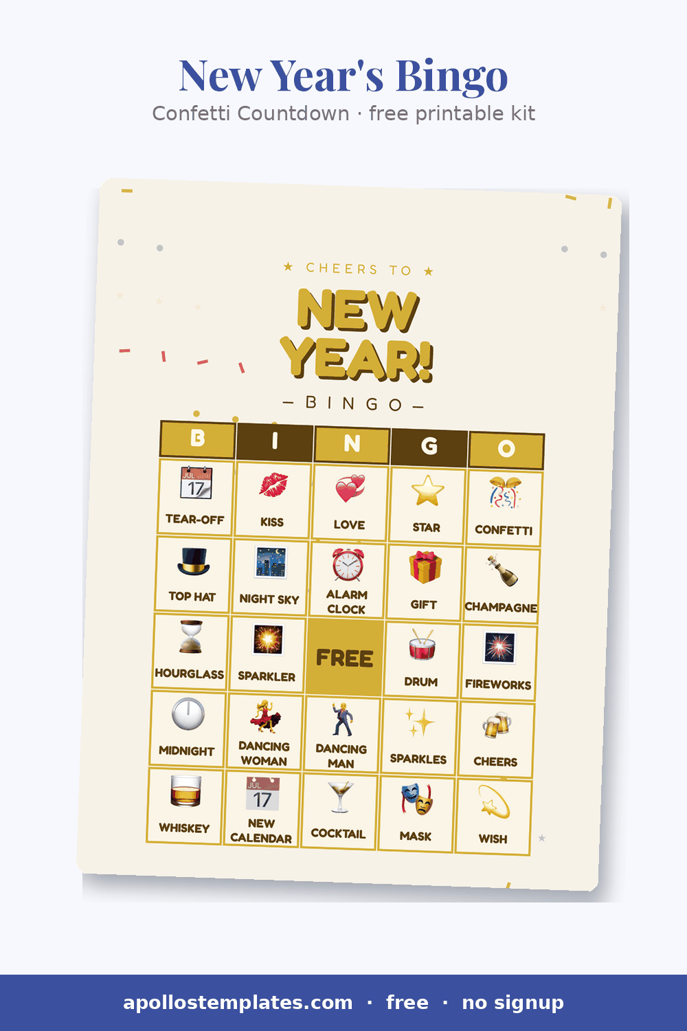 Confetti Countdown New Year's bingo card with multicolor confetti and a CHEERS TO NEW YEAR! title above emoji picture cells