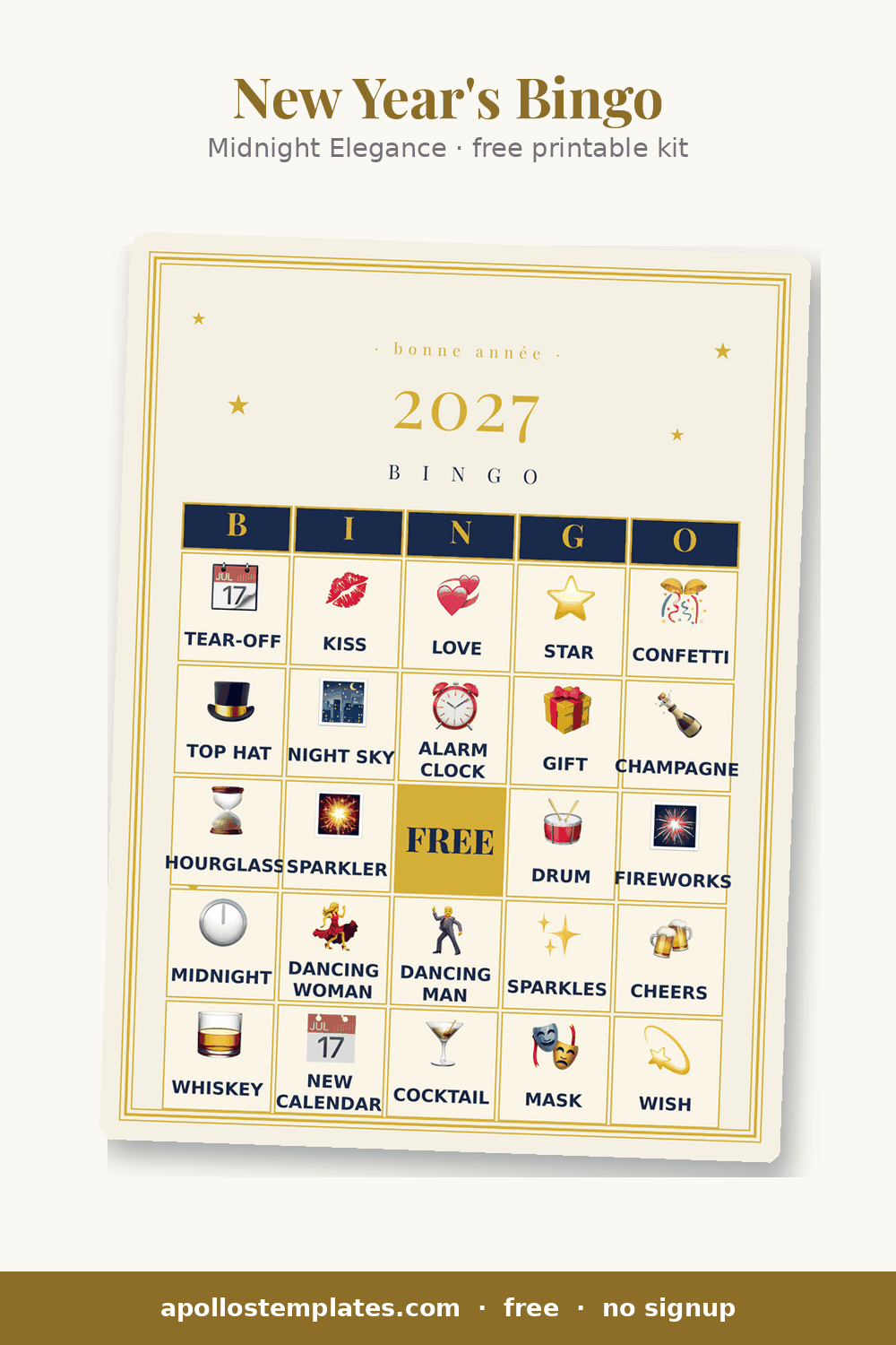 Midnight Elegance New Year's bingo card in cream and gold showing the upcoming year
