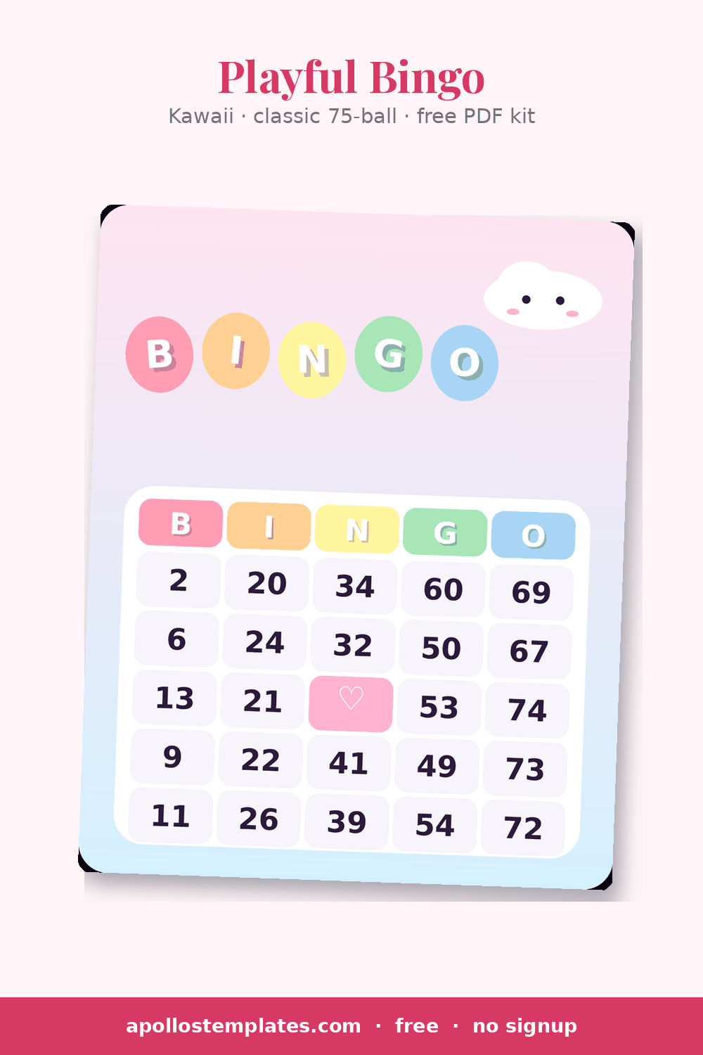 Kawaii bingo card on a pastel gradient with a smiling cloud and bubble letters