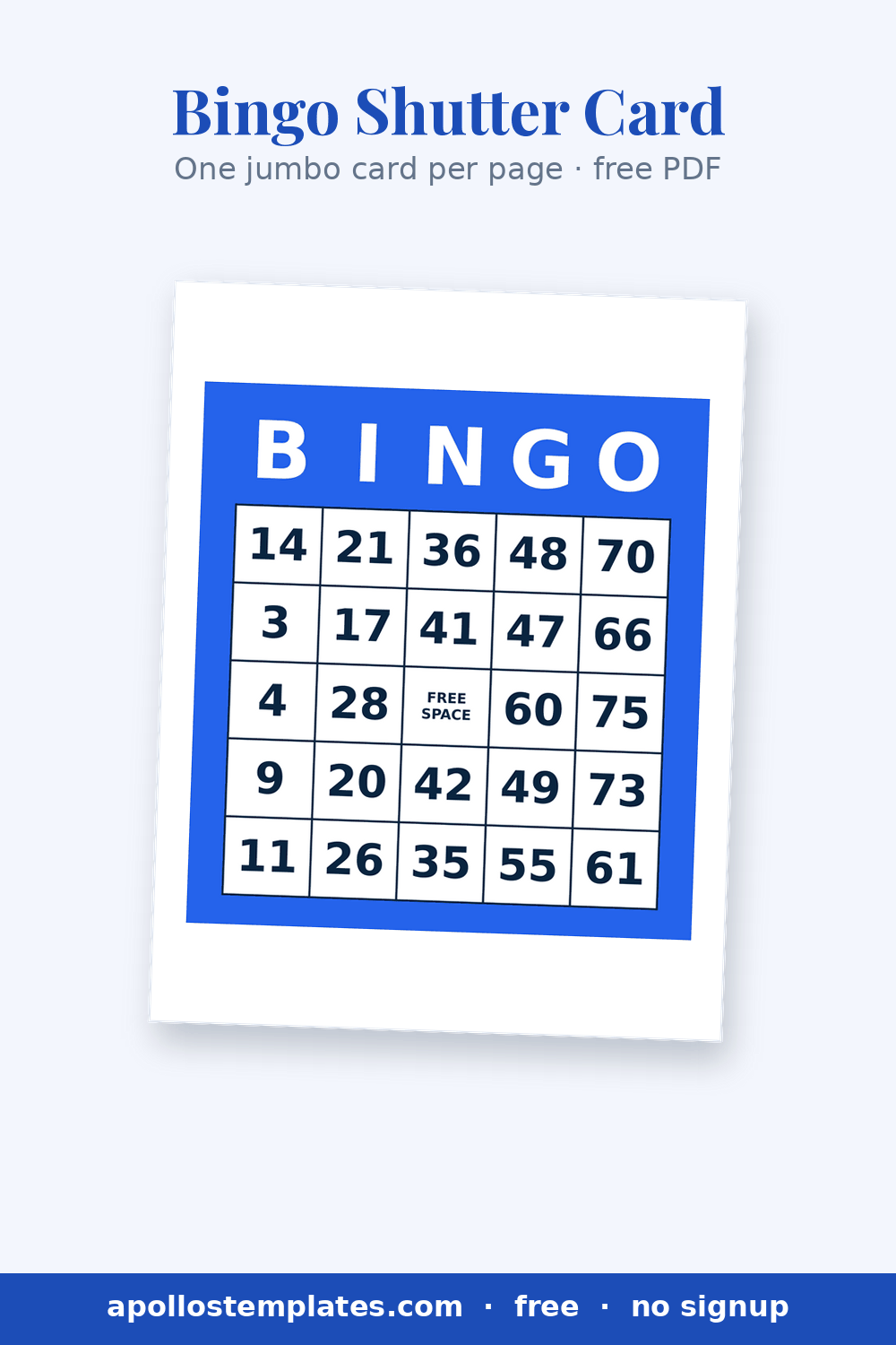 Single jumbo blue bingo card filling a full US Letter page