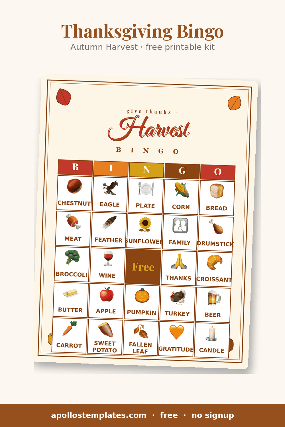 Autumn Harvest Thanksgiving bingo card on cream parchment with scattered leaves