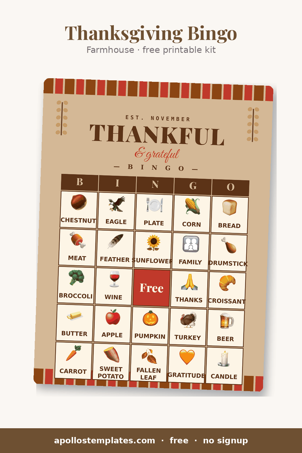 Farmhouse Thanksgiving bingo card on kraft paper with plaid bands, wheat sprigs and a THANKFUL and grateful title