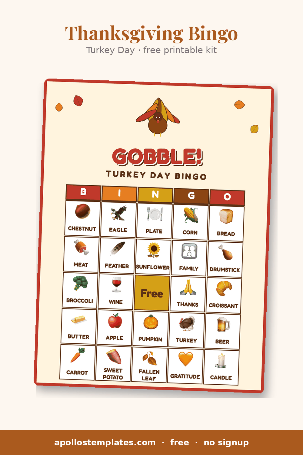 Turkey Day Thanksgiving bingo card with a big illustrated turkey, a GOBBLE! title and bright kid-friendly picture cells