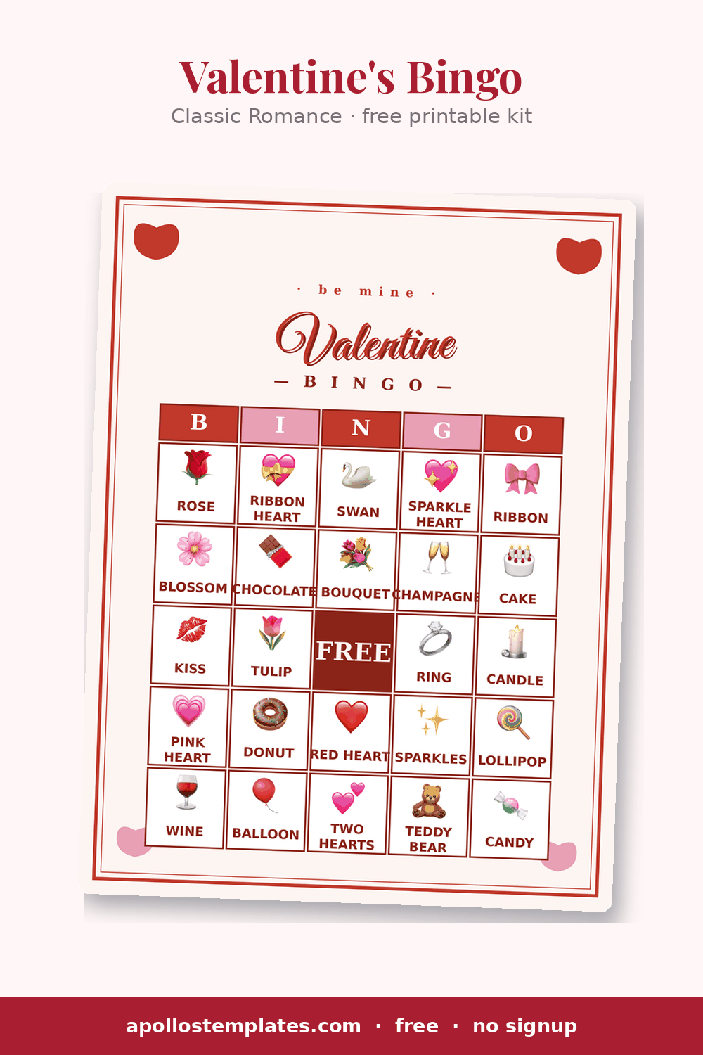 Classic Romance Valentine bingo card in cream and red with heart corners