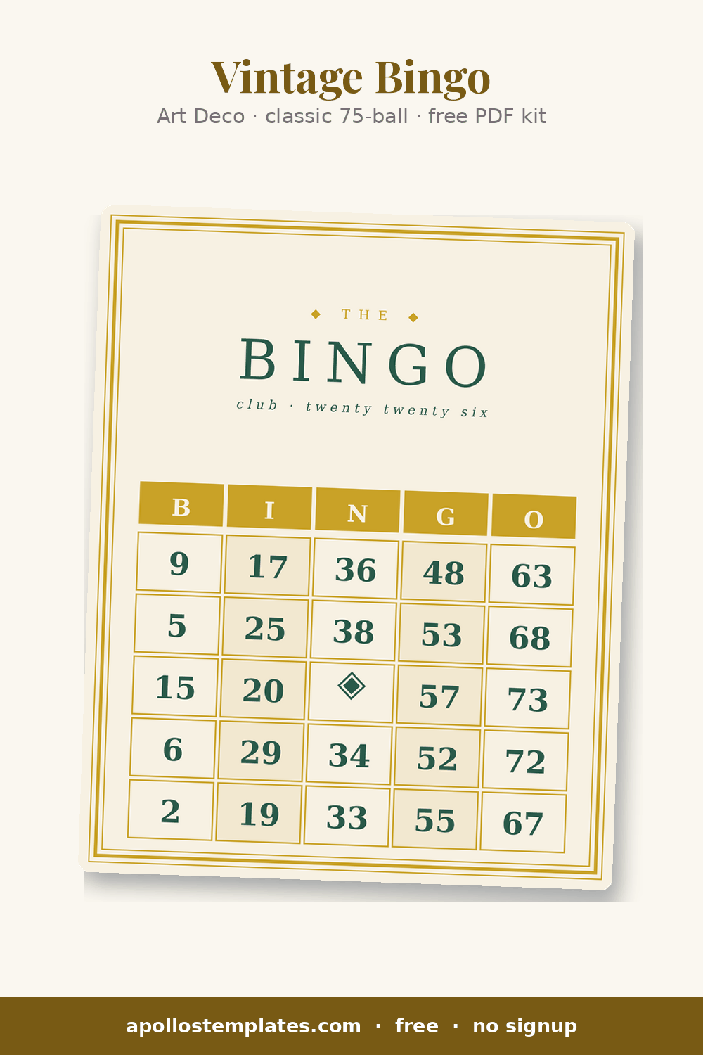 Art Deco bingo card on parchment with a triple gold border, THE BINGO club header in Didot serif and a gold checker-wash number grid