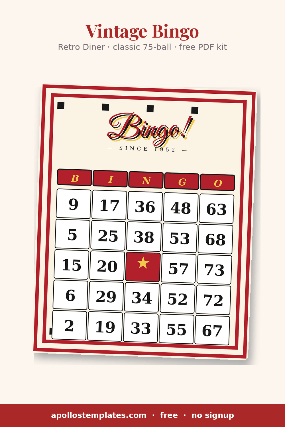 Retro Diner bingo card, cream with a red checker frame and script Bingo! title