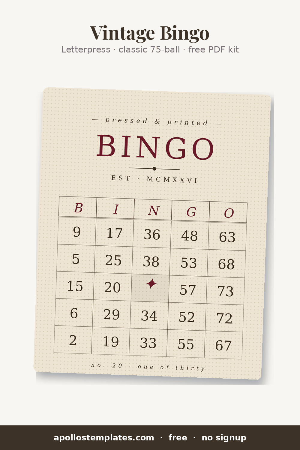 Letterpress bingo card on aged paper with a pressed-look BINGO, EST MCMXXVI eyebrow and a numbered-edition footer