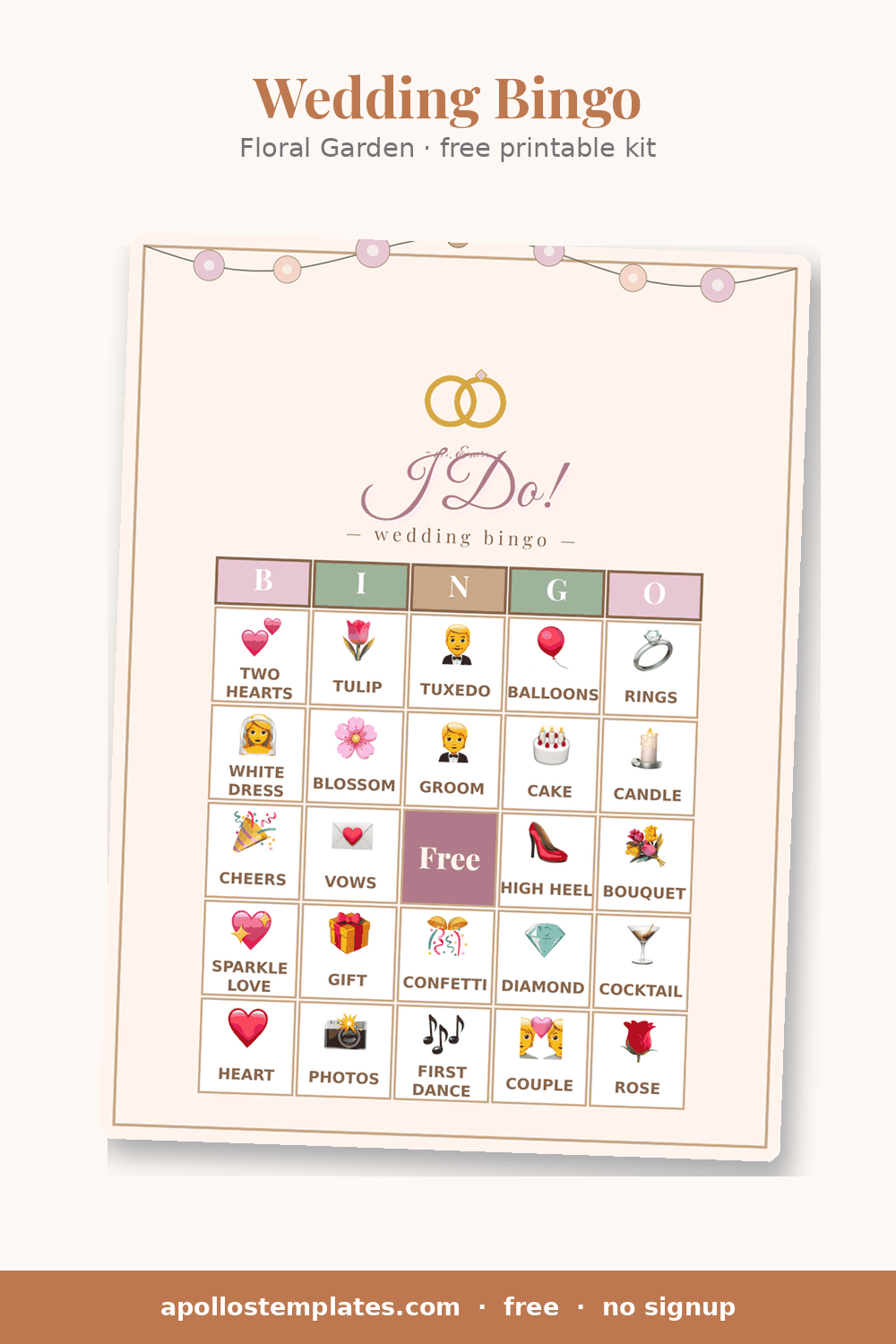 Floral Garden wedding bingo card on peach with a top garland, interlocked rings and an I Do! title above picture cells