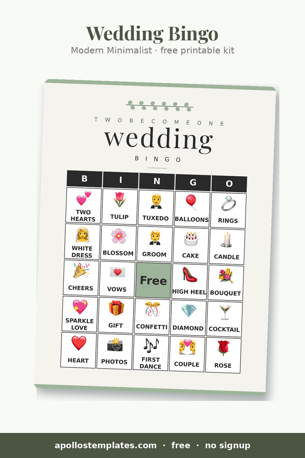 Modern Minimalist wedding bingo card in charcoal and sage with an olive branch and a lowercase serif wedding title