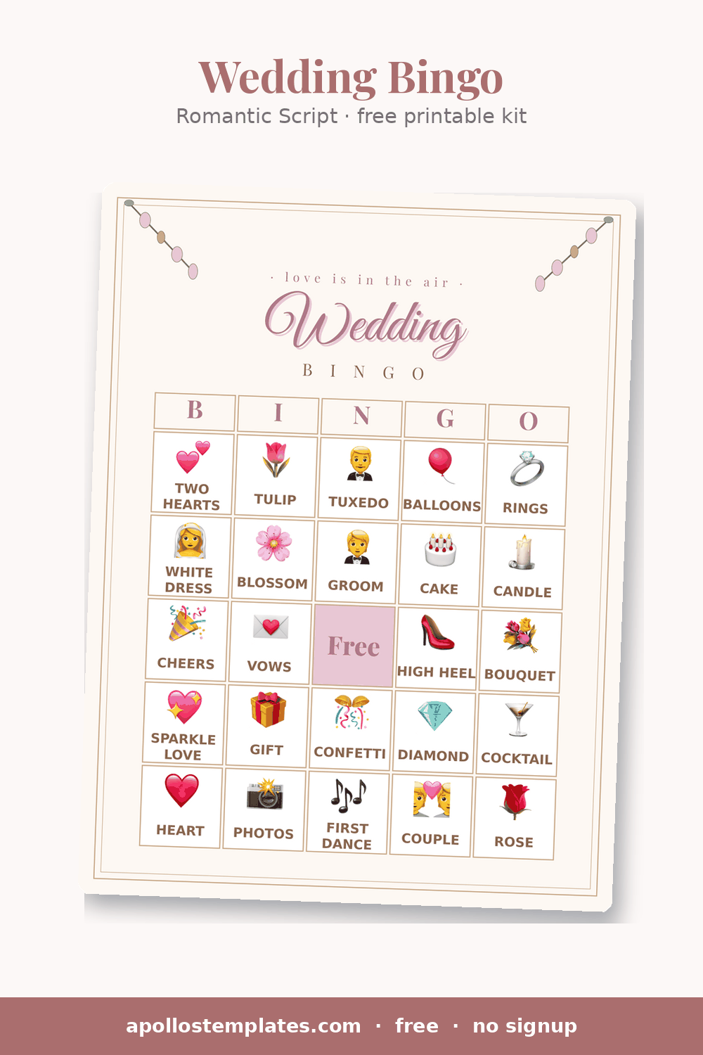 Romantic Script wedding bingo card on ivory with floral sprigs