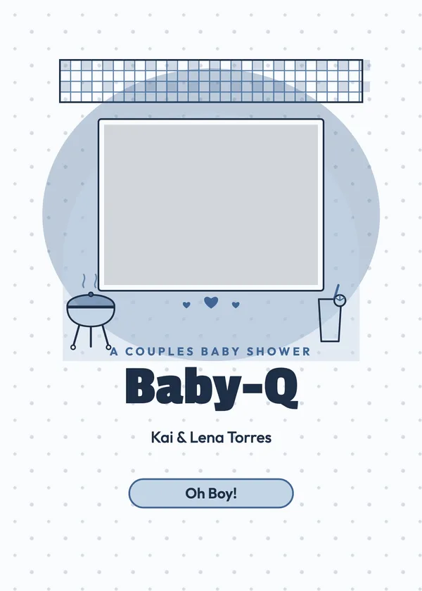 Baby-Q Couple — Co-ed Baby-Q baby shower invitation with a photo window