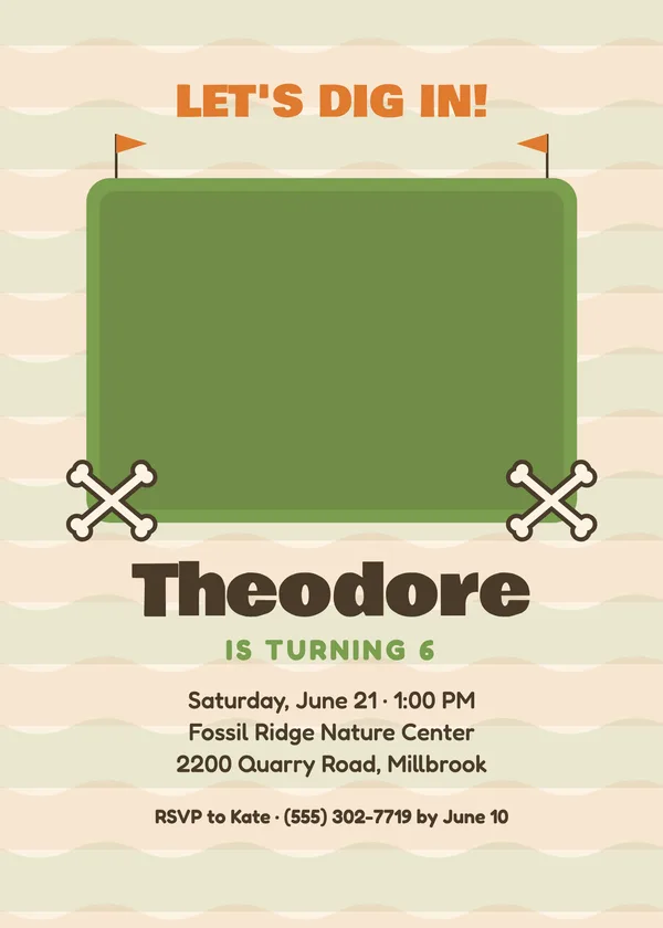 Fossil Dig — Dinosaurs birthday invitation with a photo window