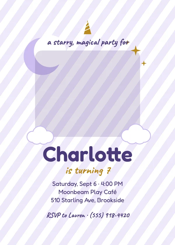 Moonlit Unicorn — Unicorns birthday invitation with a photo window