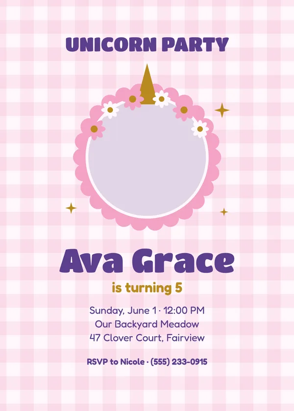 Unicorn Meadow — Unicorns birthday invitation with a photo window