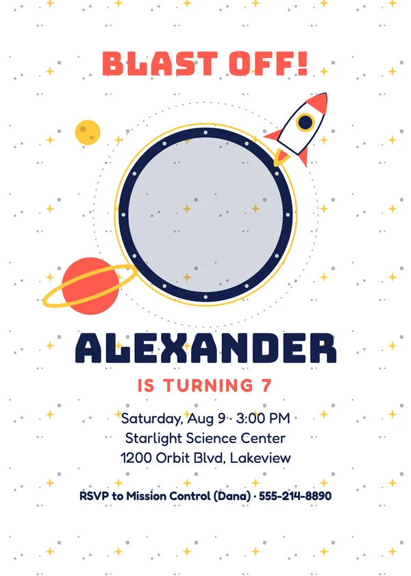 Blast Off — Outer Space birthday invitation with a photo window