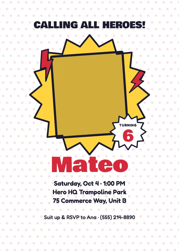 Hero Squad — Superheroes birthday invitation with a photo window
