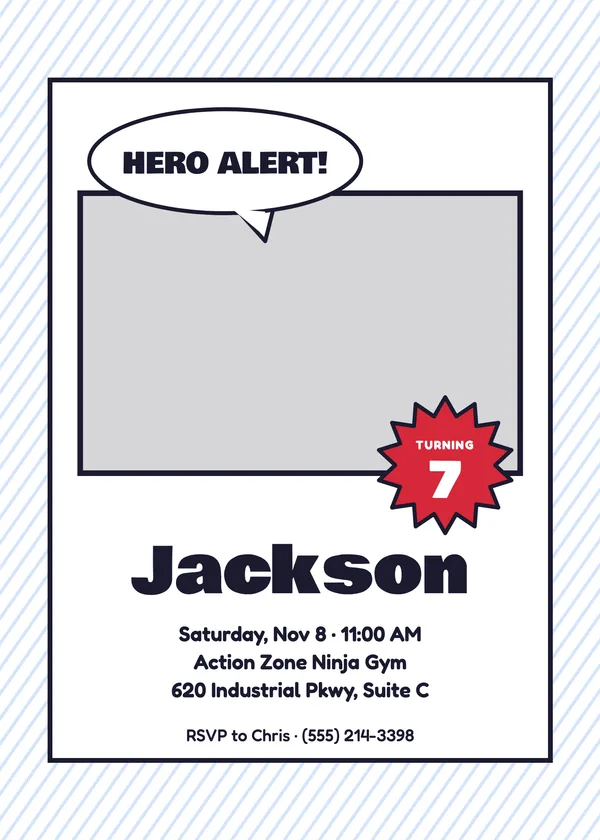 Comic Strip — Superheroes birthday invitation with a photo window