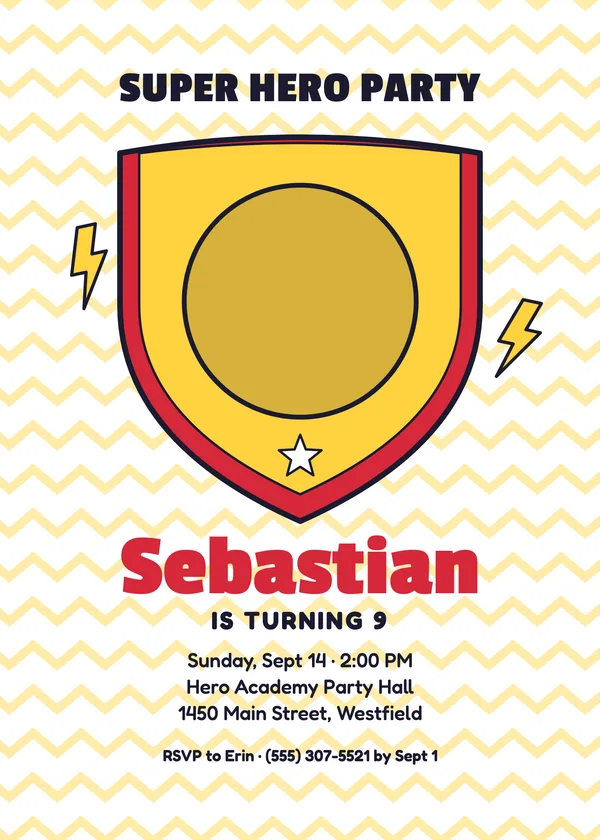 Hero Shield — Superheroes birthday invitation with a photo window