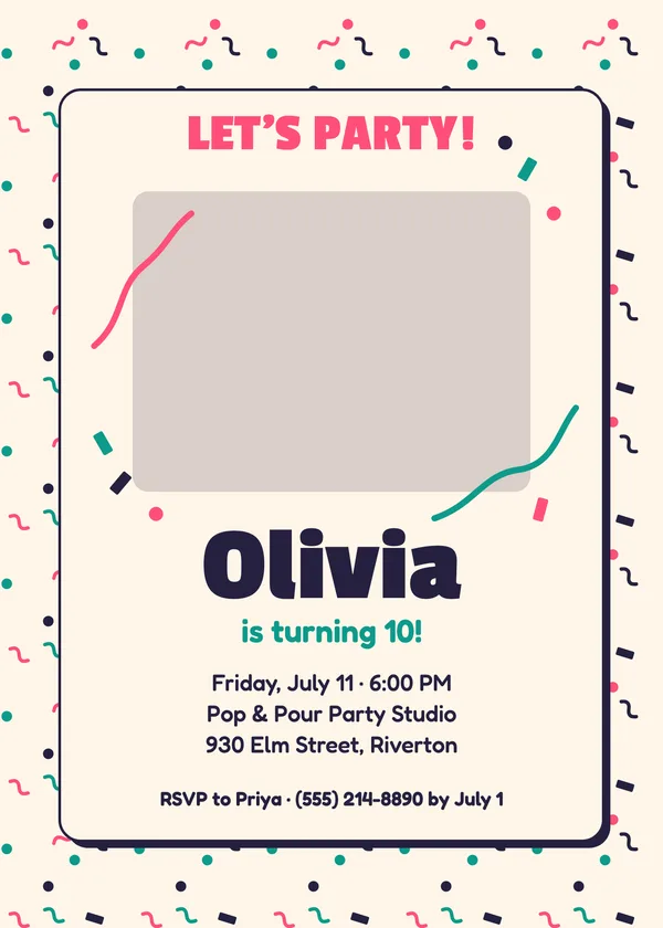 Confetti Pop — Party Pop birthday invitation with a photo window