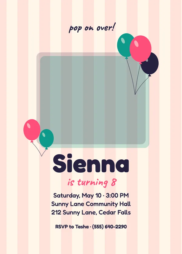 Balloon Bash — Party Pop birthday invitation with a photo window