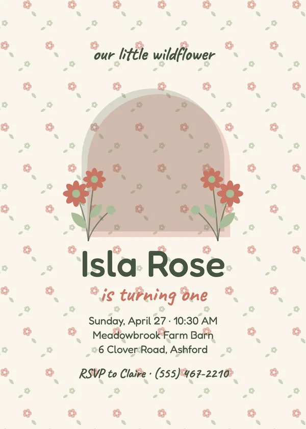 Wildflower First — First Birthday birthday invitation with a photo window