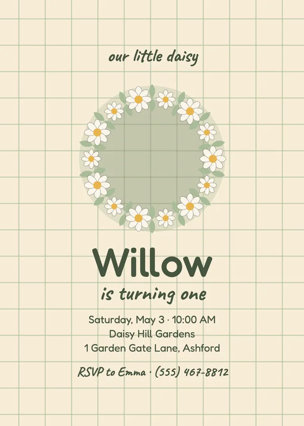 Daisy Chain — First Birthday birthday invitation with a photo window