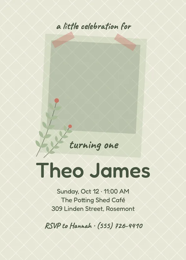 Pressed Botanicals — First Birthday birthday invitation with a photo window