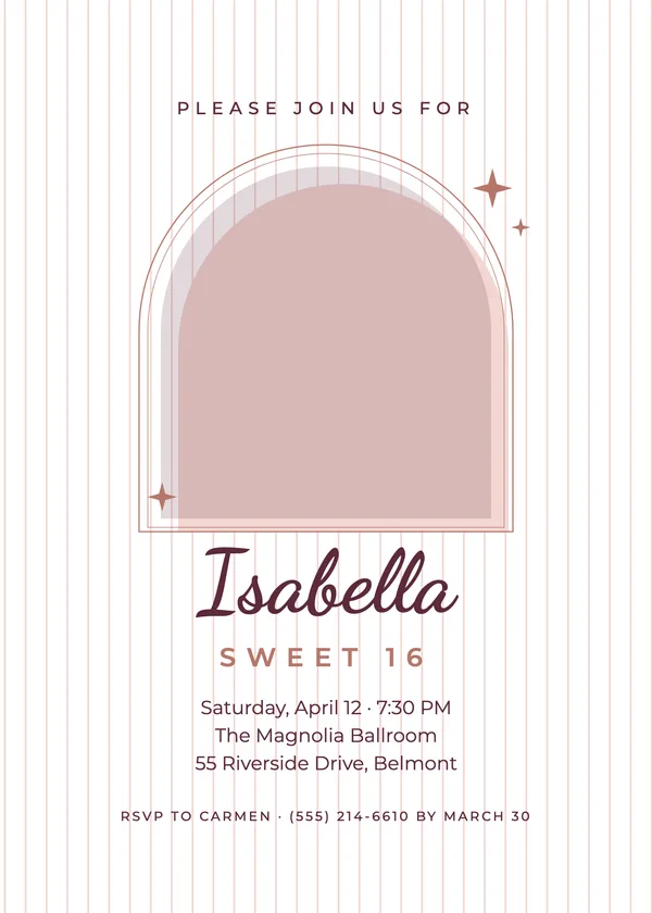 Rose Arch — Sweet Sixteen birthday invitation with a photo window